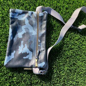 Blue leather camo cross body, 9 X 6